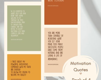 Peut inclure: Un ensemble de quatre citations de motivation. Les citations sont sur un fond clair avec une bordure brune, verte et orange. Les citations sont : "Votre voyage est le vôtre seul - ne cherchez qu'à être meilleur que vous ne l'étiez hier", "Soyez tellement engagé dans ce qui est bon pour votre cœur que vous êtes prêt à vous asseoir dans la douleur la plus inconfortable de la croissance et du changement que vous refusez d'accepter quoi que ce soit de moins que l'amour et l'alignement complets", "Je fais confiance à mes intentions puissantes combinées à ma foi, elles sont suffisantes pour permettre à ma vision de devenir ma réalité", et "Vous êtes plus que capable de réaliser ce que vous vous êtes fixé ! Beaucoup de personnes qui ont réussi sont parties de rien et vivent une vie d'abondance."