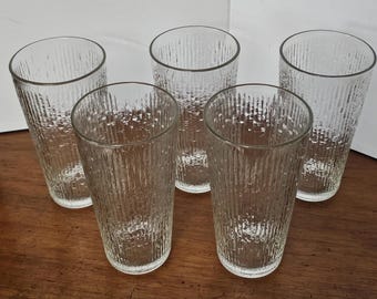 Vintage Set of 5 Jeannette Glass Findlandia Glasses / tumblers, 1970's, bamboo / tree bark / icicle textured pattern, beautiful condition!