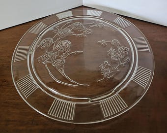 Vintage Federal Glass Footed Serving Plate / Cake Plate, Sharon / Cabbage Rose / Rose of Sharon pattern, Beautiful 1930's Depression Glass.
