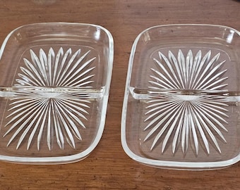 Vintage, Set of 2 Krome Kraft / Glo-Hill divided glass plates, Starburst pattern, sushi / appetizer / relish dish, 1950's, great condition!
