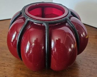 Vintage Art Deco Czech Ruby Red Hand Blown Glass Vase in Round Lobed Bulbous Hand forged Wrought Iron Armature frame cage. Beautiful!