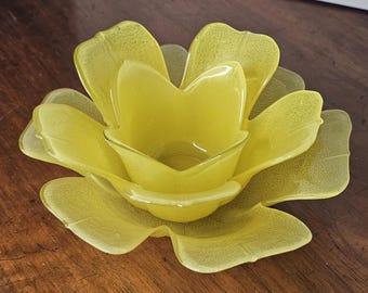 Vintage Handmade Glass Yellow tulip / daffodil / flower, Decoration, votive candle holder, 3 layers of flower petals.