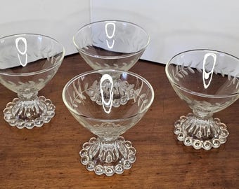 Set of 4 Vintage Clear Anchor Hocking Sherbet / Dessert / Champagne Glasses, Etched laurel leaf, Stemmed with Berwick Boopie base