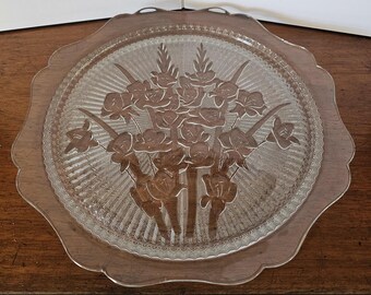 Vintage Jeannette Glass Company Serving Plate / Cake Plate, Iris & Herringbone floral pattern, scalloped edge handles, depression glass