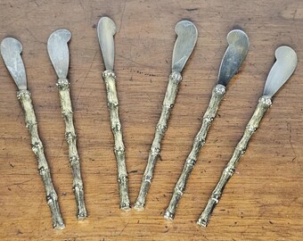 Vintage Set of 6 plated metal appetizer spreaders / sushi knives  / demitasse butter knives, golden bamboo design.