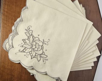 Vintage Set of 12 Dinner Cloth napkins, Madeira hand embroidered with scalloped edges. Cream / natural linen color & silver grey embroidery