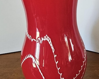 Vintage multilayer Red glass vase, white glass lace string (drizzle) design, white milk glass interior, hand blown, 9.5 inch, beautiful!
