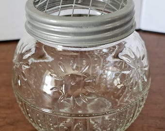 Vintage Hobnail & floral pressed glass, round globe jar shaped flower vase / rose bowl with screw on wire dome frog lid, super sweet!