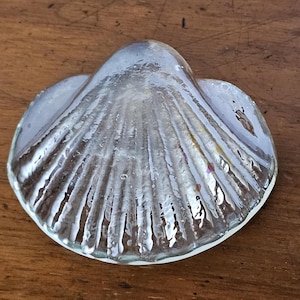 May include: A decorative, iridescent glass seashell with a ridged texture. The shell is a light silver color with hints of brown and purple. The shell is sitting on a wooden surface.
