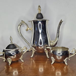 Vintage Set of Silver plate Georgian Victorian Coffee / Teapot with hinged lid, creamer, and sugar bowl with detached lid