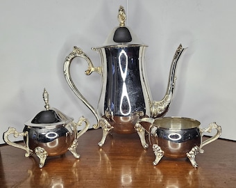 Vintage Set of Silver plate Georgian Victorian Coffee / Teapot with hinged lid, creamer, and sugar bowl with detached lid