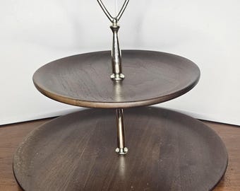 Vintage 2 tier Vermillion Real Walnut wood serving tray / tea tray / appetizer tray with center handle. Silver metal hardware, mid-century