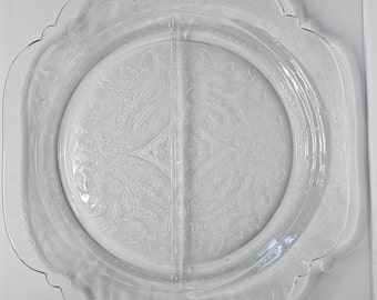 Indiana Glass Serving plate, Beautiful Recollections crystal pattern. Square 10 1/2 inch plate with a shallow divider. Excellent condition.