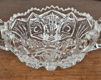 Vintage Imperial Glass Olive / Candy Dish / trinket glass bowl, 2 finger loop, Diamond Fan / 212 / Thonged Star pattern, sawtooth rim