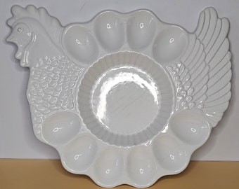 Beautiful Ceramic Chicken Deviled Egg Serving Dish, Has built in dip bowl in center. White and really pretty.