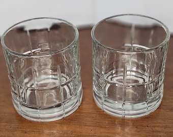 Vintage Anchor Hocking Clear High ball Glasses, Set of 2, Street / Manchester / Window Pane / Tartan plaid pattern, heavy quality glass.