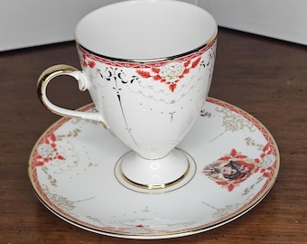 Vintage 1997 Avon Honor Society Teacup and Saucer Set, Mrs. P.F.E. Albee pattern,  Made by Nikko, Red and White Cameo design with gold trim