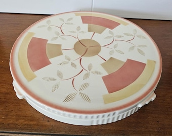 Vintage Ceramic Lazy Susan Serving Plate,  MCM Geometric Mandala Leaf pattern, Subtle orange, gold, and brown colors. Excellent condition!