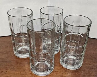 Vintage Anchor Hocking Clear Glasses, Set of 4, Street / Manchester / Window Pane / Tartan plaid pattern, Heavy weight, high quality glass.