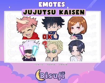 May include: Six colorful cartoon emotes featuring characters from the anime series Jujutsu Kaisen. The emotes are in a grid format with the text "EMOTES" and "JUJUTSU KAISEN" above the grid. The text "112x112 | 56x56 | 28x28" is below the grid. The text "Bisuji" is below the numbers.