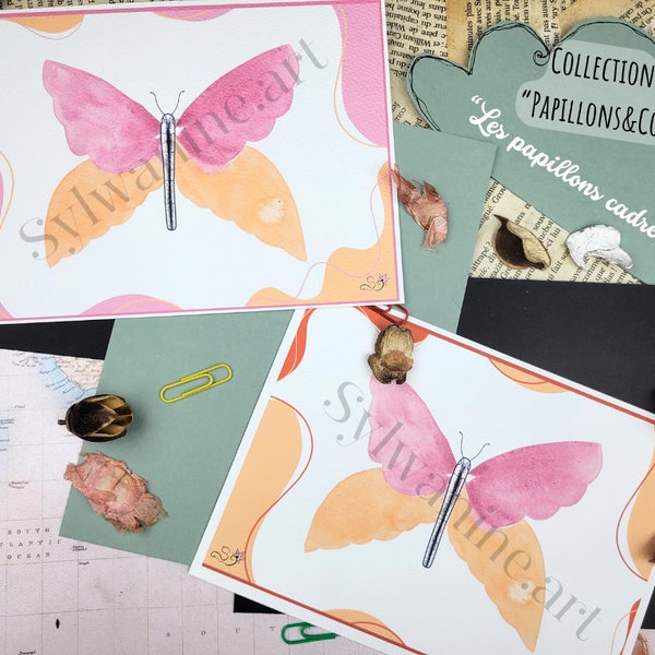 Création imprimée sur papier texturé provenant d'une reproduction à l'aquarelle, "Papillons cadrés" de la Collection "Papillons&Co" !