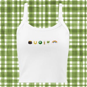 May include: White tank top with a graphic of a pot of gold, horseshoe, shamrock, beer, and rainbow.