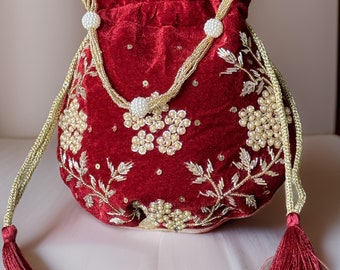 Handmade Velvet Potli Bag: Gold Zardosi, Pearl Beaded Handle