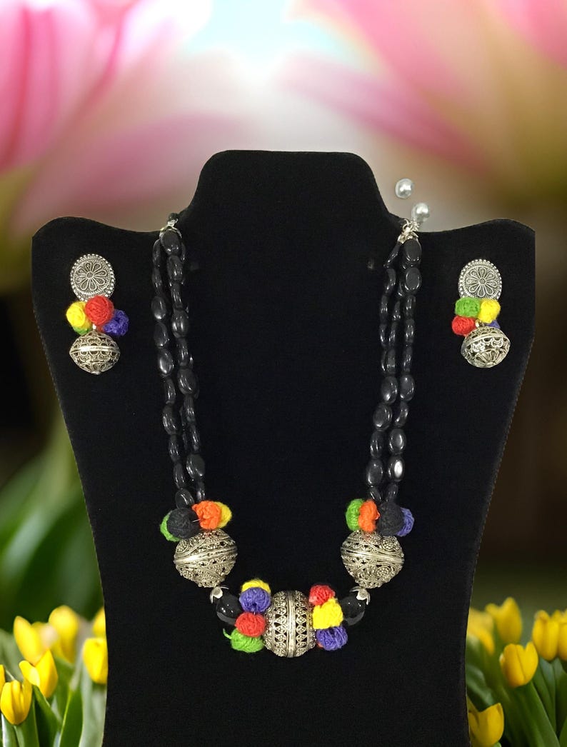 Multicolor - Navratri Special! German Silver Shell & Thread Beads Necklace Set 26