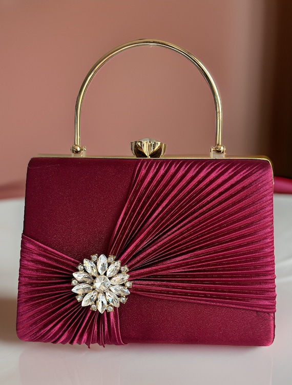 Women Evening Purse Satin Clutch 9.8x5.1x1.5 Inches Knot Pleated Handbag Premium Crystal Top Pleated Satin Hard Frame Clutch Evening  main image 3