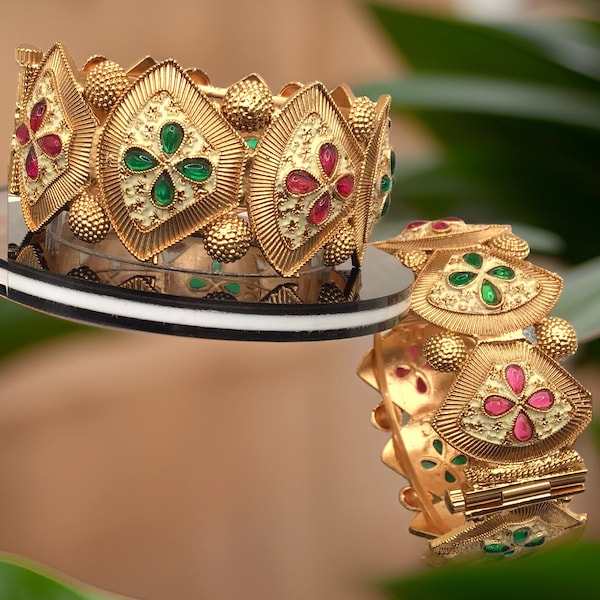 Antique Rajwadi Bangles/Kada, Ruby Green Minakari Bangles, Gold finish Kada, Red Green Bracelet Kada, Designer Kada, Openable screw kada