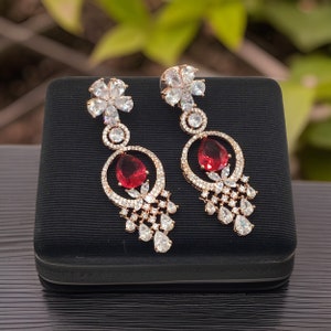 Designer CZ Drop Earrings, Ruby and American Diamonds, Rose Gold Polish