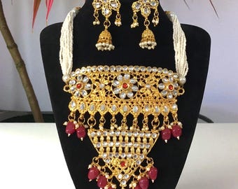 Conjunto de gargantilla Rajwadi Kundan: oro, piedra preciosa roja y ónix granate