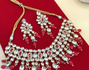 Conjunto de collar gargantilla Kundan de rubí rojo, joyería Meenakari