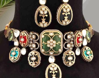 Amrapali Navratan Choker Set: Kundan, CZ & Natural Stone, Matt Gold