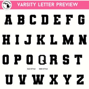 May include: A black and white image of the alphabet in uppercase letters in a varsity style font. The letters are arranged in three rows. The letters Q and Q are shown in two different styles, labeled "Old Style" and "New Style".
