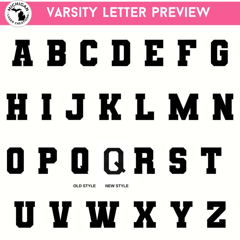 May include: A black and white image of the alphabet in uppercase letters in a varsity style font. The letters are arranged in three rows. The letters Q and Q are shown in two different styles, labeled "Old Style" and "New Style".