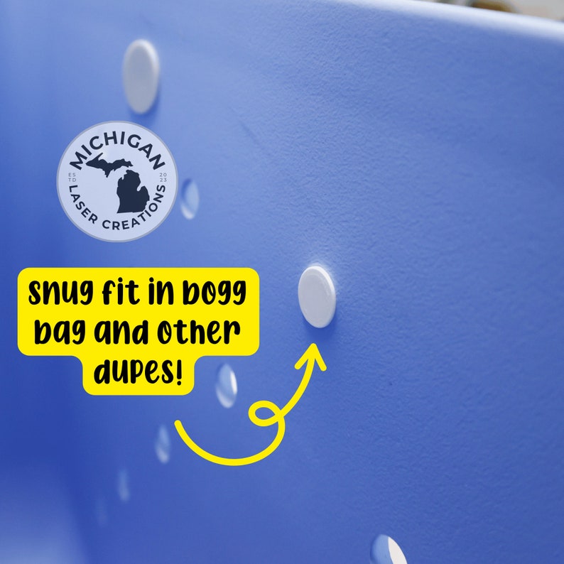 May include: White plastic round discs with a snug fit in a blue plastic container. The container has holes for the discs. The text "MICHIGAN LASER CREATIONS" is on a white disc in the upper left corner of the image.