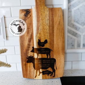 Engraved Cutting Board, Housewarming Gift, Cooking Temperatures Cow Chicken Pig Fish Decorative Cutting Board, Kitchen Decor,Farmhouse