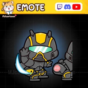 Puede incluir: Una ilustración de dibujos animados de un robot negro y amarillo con un brillo azul alrededor de su brazo. El robot lleva un casco con una visera y tiene un corazón rosa en su brazo. El robot está de pie sobre un fondo de cuadrícula negro y blanco.