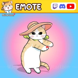 Könnte beinhalten: Eine Cartoon-Illustration einer weißen Katze mit orangefarbenen Tabby-Markierungen, die einen rosa Sonnenhut trägt. Die Katze steht auf ihren Hinterbeinen mit erhobenen Vorderpfoten. Der Hintergrund ist ein Farbverlauf von rosa und blau.