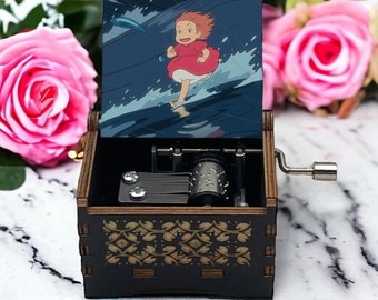 Ponyo On The Cliff Music Box, Handcrafted Engraved Collectible Ponyo Studio Ghibli Japanese Anime Melody Perfect Unique Wooden Gift Present