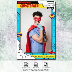 Superhero Party Photo Booth Template, Comic Book Party Photo Booth Template, 4x6, Birthday Photo Booth Overlay, Retro Themed Party