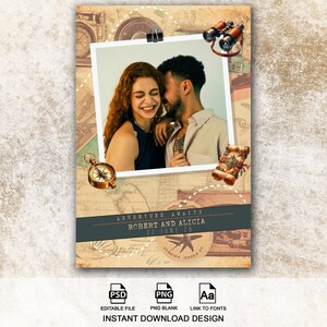 Puede incluir: Una invitación de boda de temática vintage con una foto de una pareja, una brújula, unos prismáticos y un pergamino. La invitación incluye el texto "ADVENTURE AWAITS" y los nombres "ROBERT AND ALICIA" con la fecha "22 JUNIO 26".