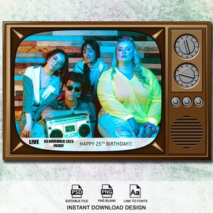 Retro Party Photo Booth Template, Video Game Party Photo Booth Template, 4x6, Retro Television Photo Booth Overlay, Selfie Frame, Retro TV