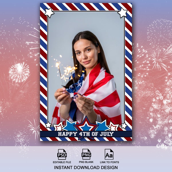 4th of July Photo Booth Template, Independence Day Overlay, 4x6, Stars and Stripes, Red White and Blue, Labor Day Photobooth Template