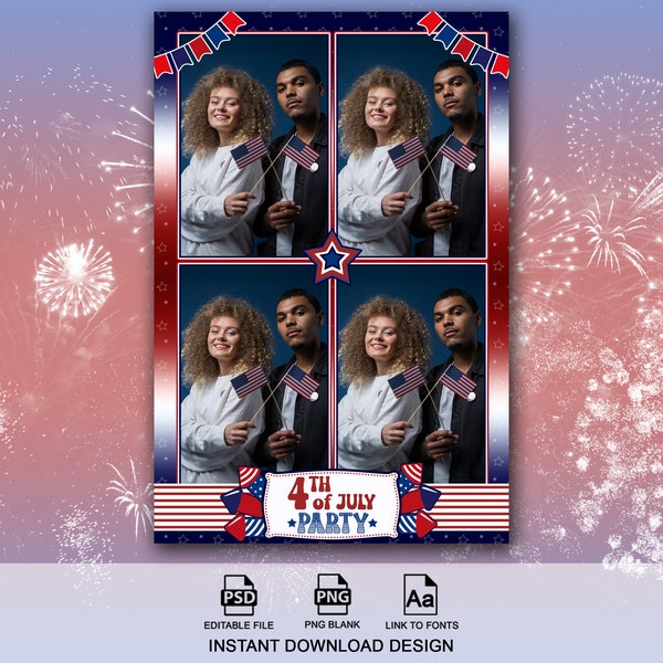 4th of July Photo Booth Template, Independence Day Template, Red White Blue Fireworks Overlay, 4x6, Stars