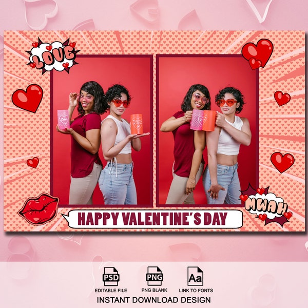 Hearts and Kisses Photo booth Template, Valentine's Day Photo Booth Template, Comic Valentine Photo Booth Overlay 4x6, Pop Art