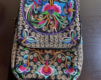 Bolso de hombro bohemio con bordado floral para mujer, pequeño