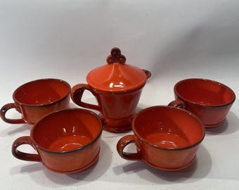 Tazas de café y crema Metlox Poppytrail Red Burnt Orange con remaches vintage