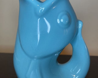 Original Gurgle Pot Fish Pitcher 2006 Stoneware 9.5" Blue Teal Turquoise